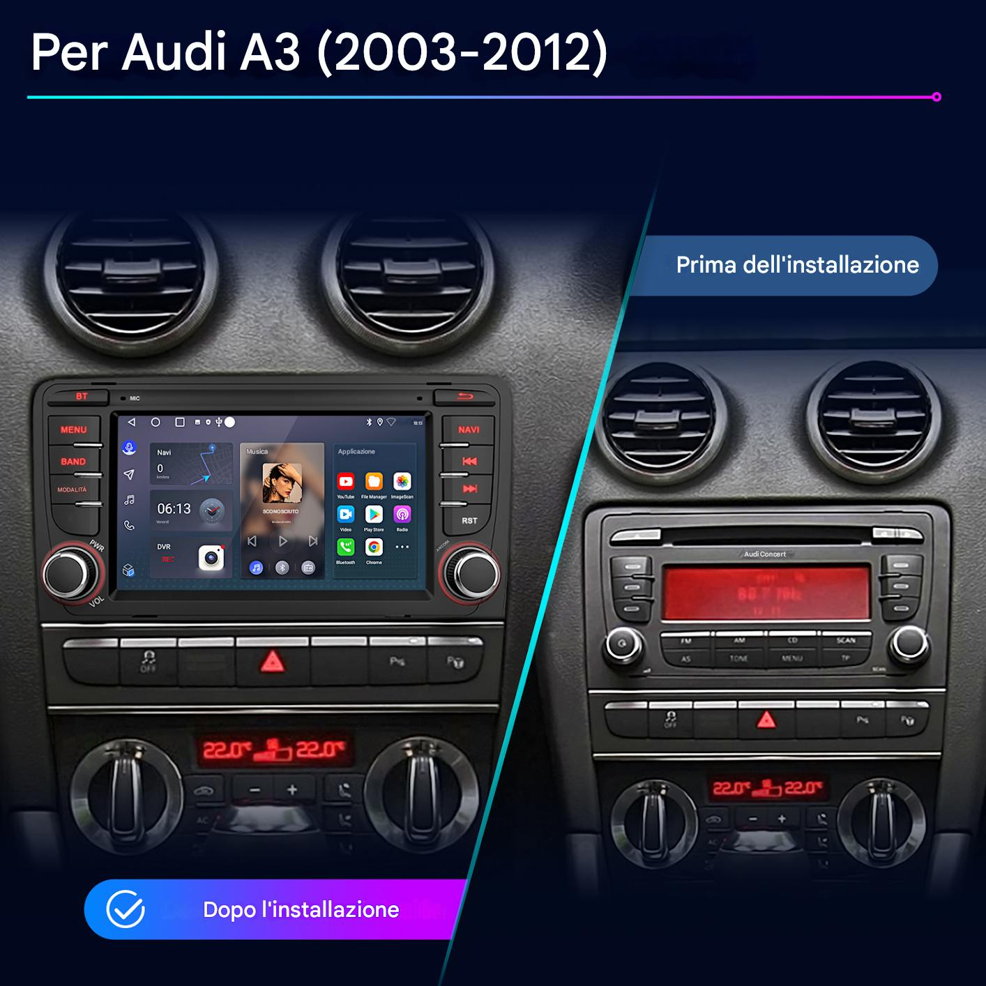 Confronto dei cruscotti Audi A3: prima e dopo l'installazione di un nuovo sistema di infotainment touchscreen.