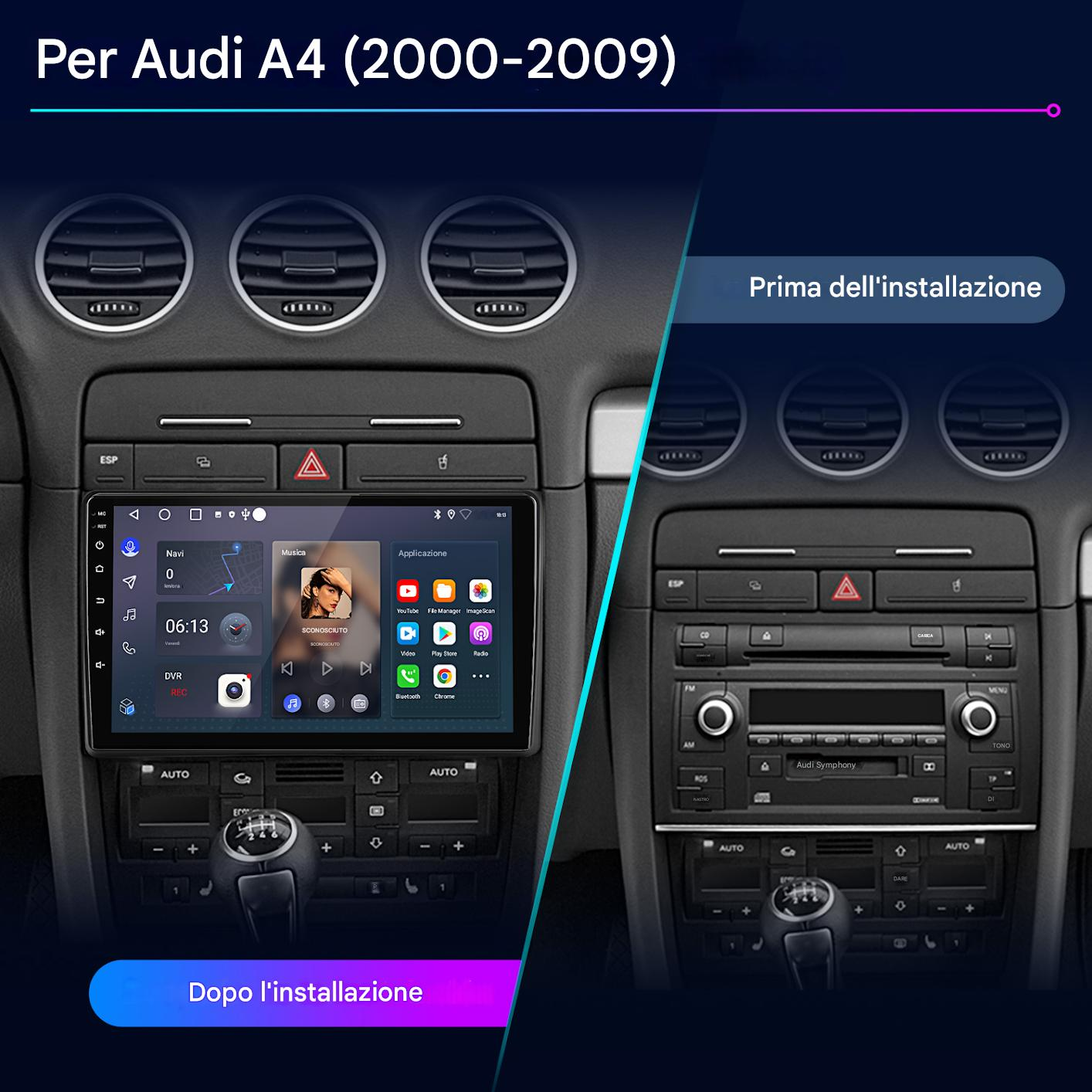 Cruscotto dell'auto che mostra prima e dopo l'installazione di un nuovo sistema multimediale. Il nuovo sistema è touchscreen.