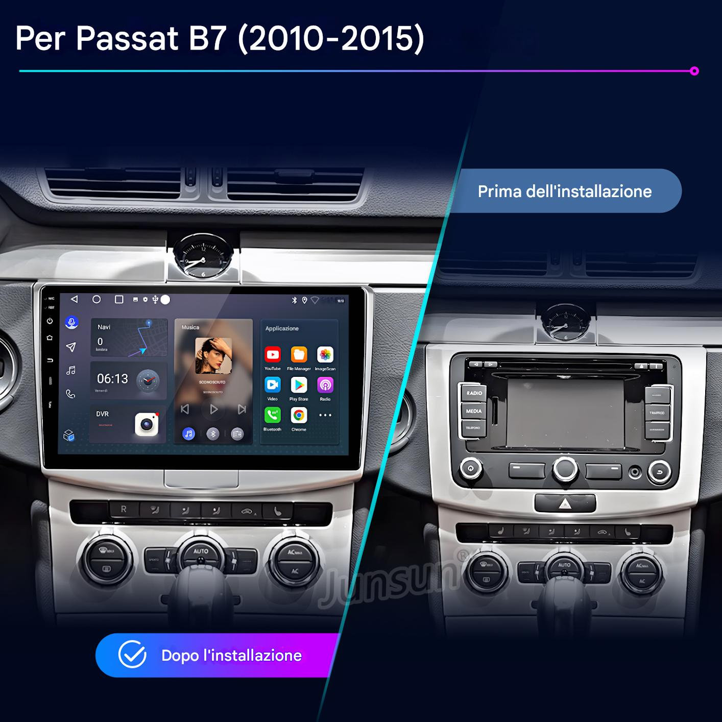 Cruscotto dell'auto che mostra il prima e il dopo l'installazione di un nuovo sistema multimediale. Il nuovo sistema ha un touchscreen.