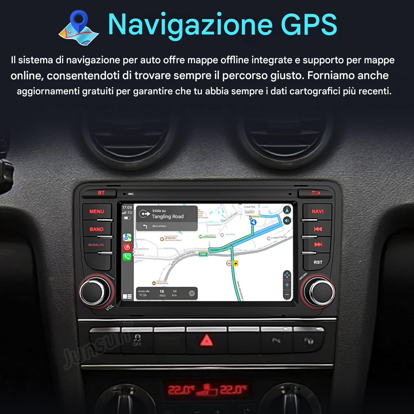 Schermo del sistema di navigazione dell'auto che mostra una mappa, con comandi a pulsante e un display della temperatura in basso.