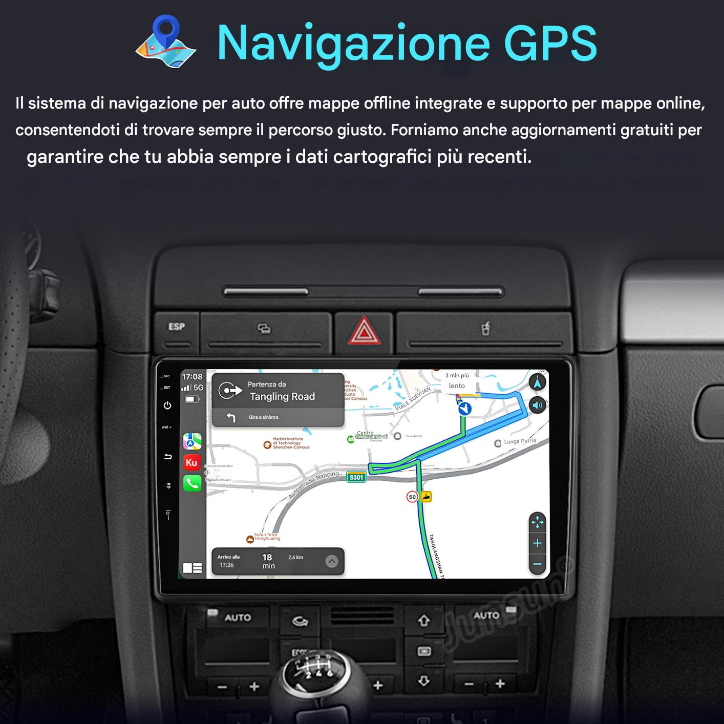 Cruscotto auto con schermo di navigazione GPS che mostra un percorso sulla mappa. Lo schermo mostra le informazioni su direzione e distanza.