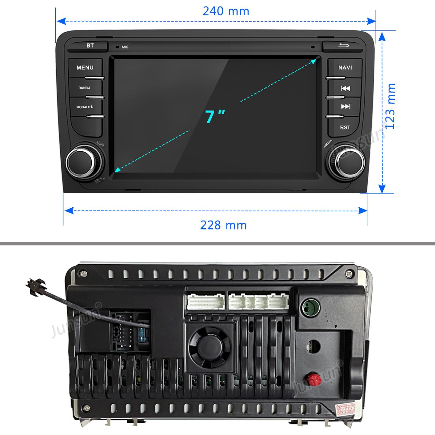 Un'autoradio con schermo da 7 pollici. Sopra pulsanti e dimensioni. Sotto il retro con cavi e ventola.