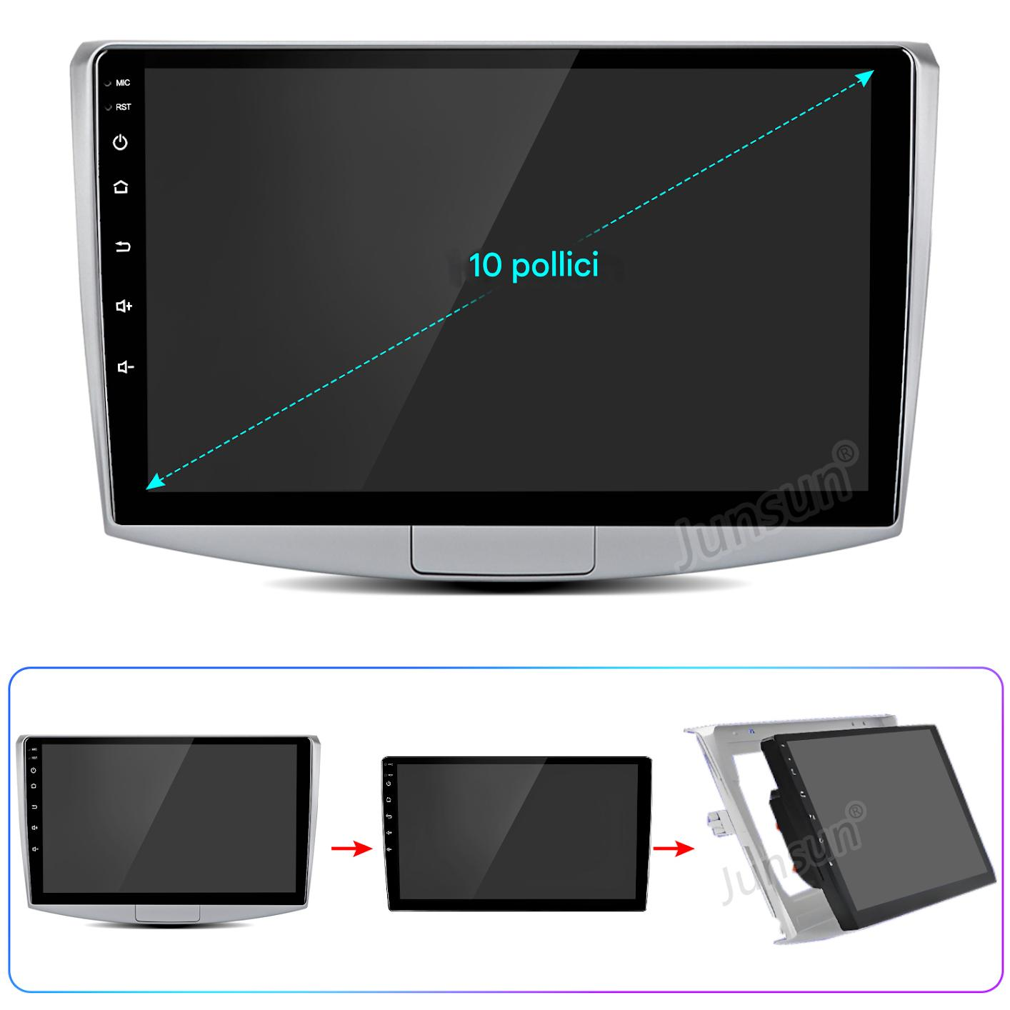 Uno schermo stereo per auto con display da 10 pollici. Sotto sono mostrate tre varianti dello stereo con frecce. Il marchio è Junsun.