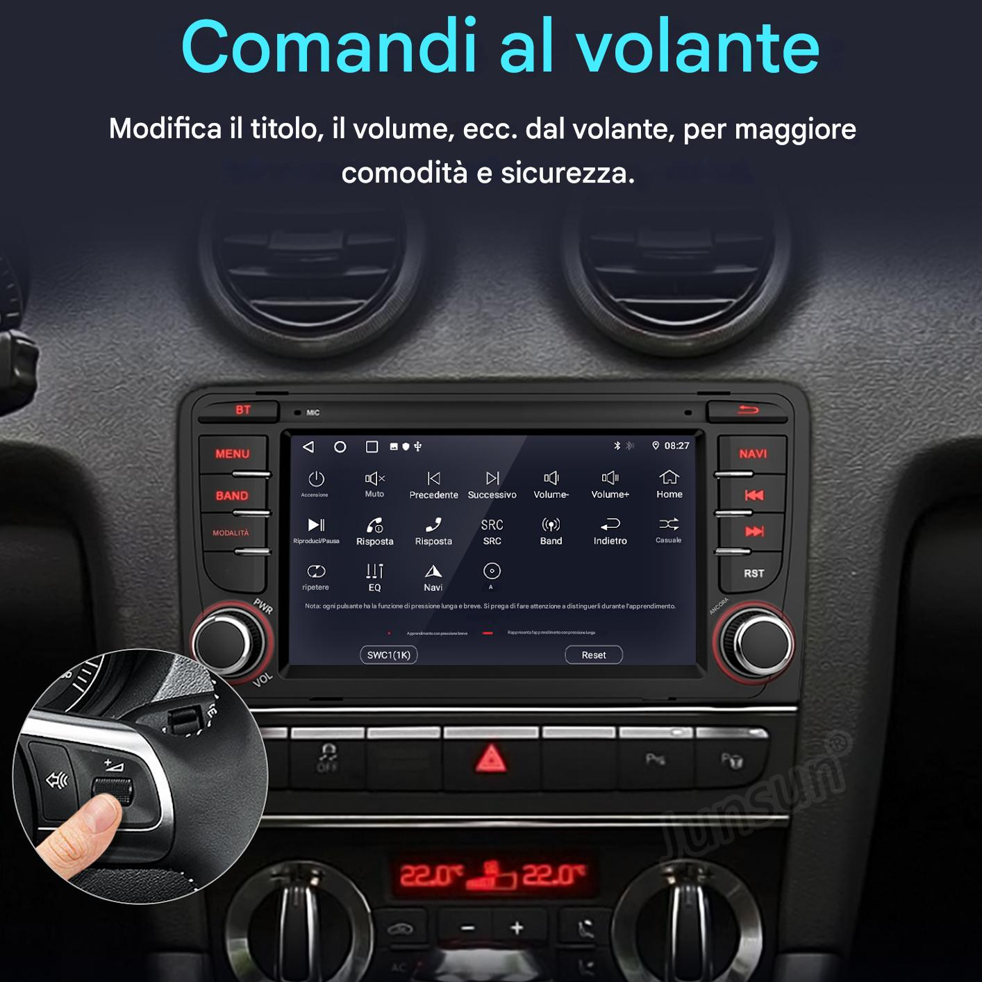 Autoradio con pulsanti e schermo. Una mano preme un pulsante sul volante. Testo: 'Comandi al volante'.