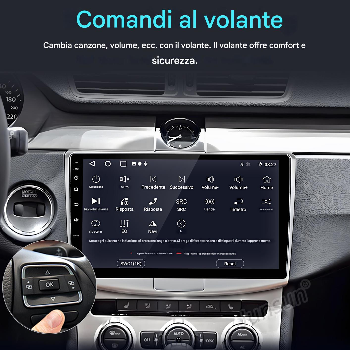 Cruscotto auto con sistema multimediale. Pulsanti volume, radio e navigazione visibili. Volante e comandi in vista.
