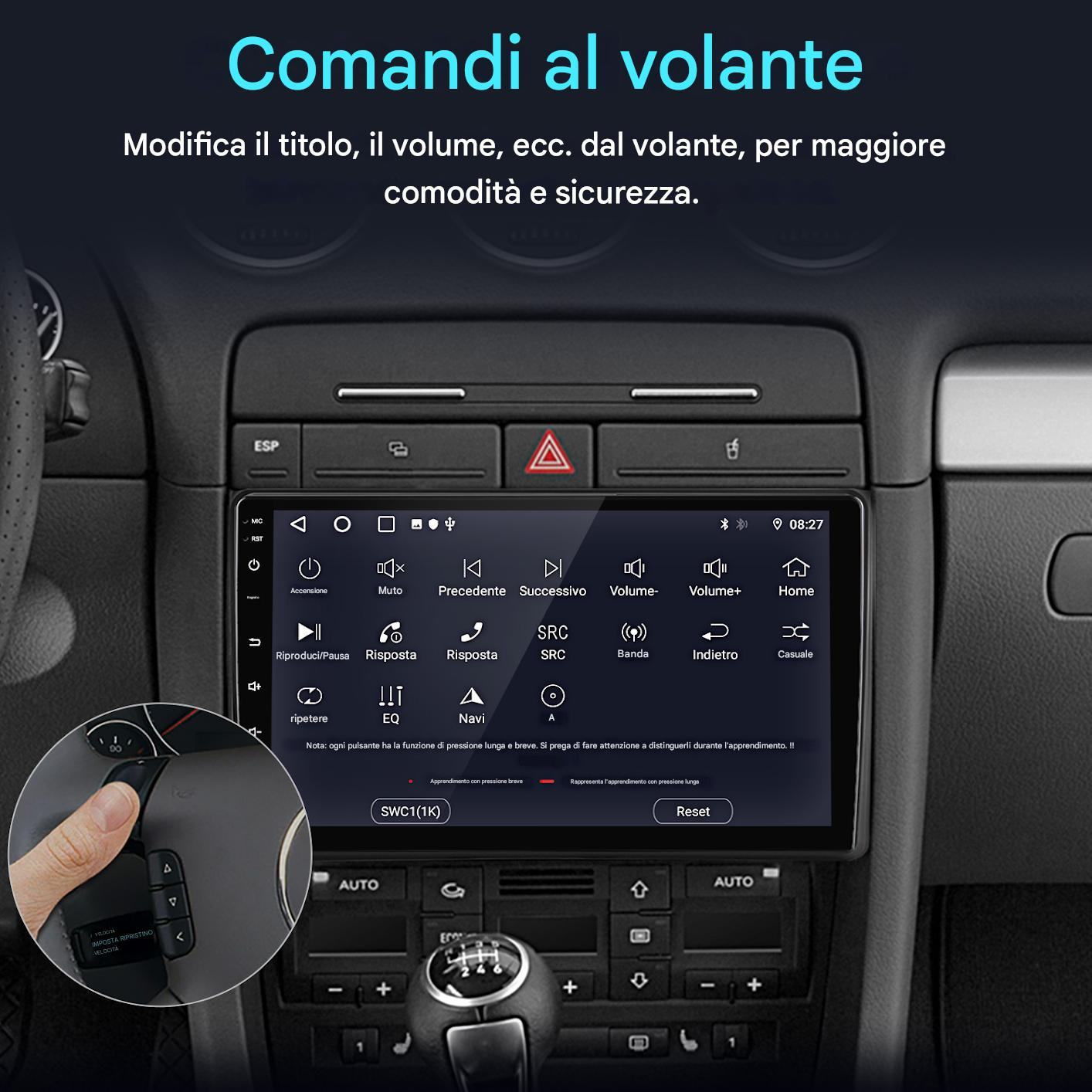 Schermo autoradio con pulsanti. Comandi al volante visibili. Testo in italiano, interno auto visibile.