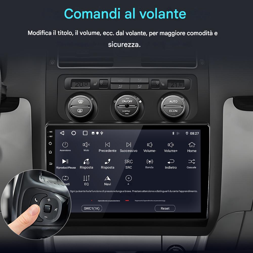 Armaturenbrett mit Bildschirm. Eine Hand drückt eine Taste. Text: Comandi al volante.