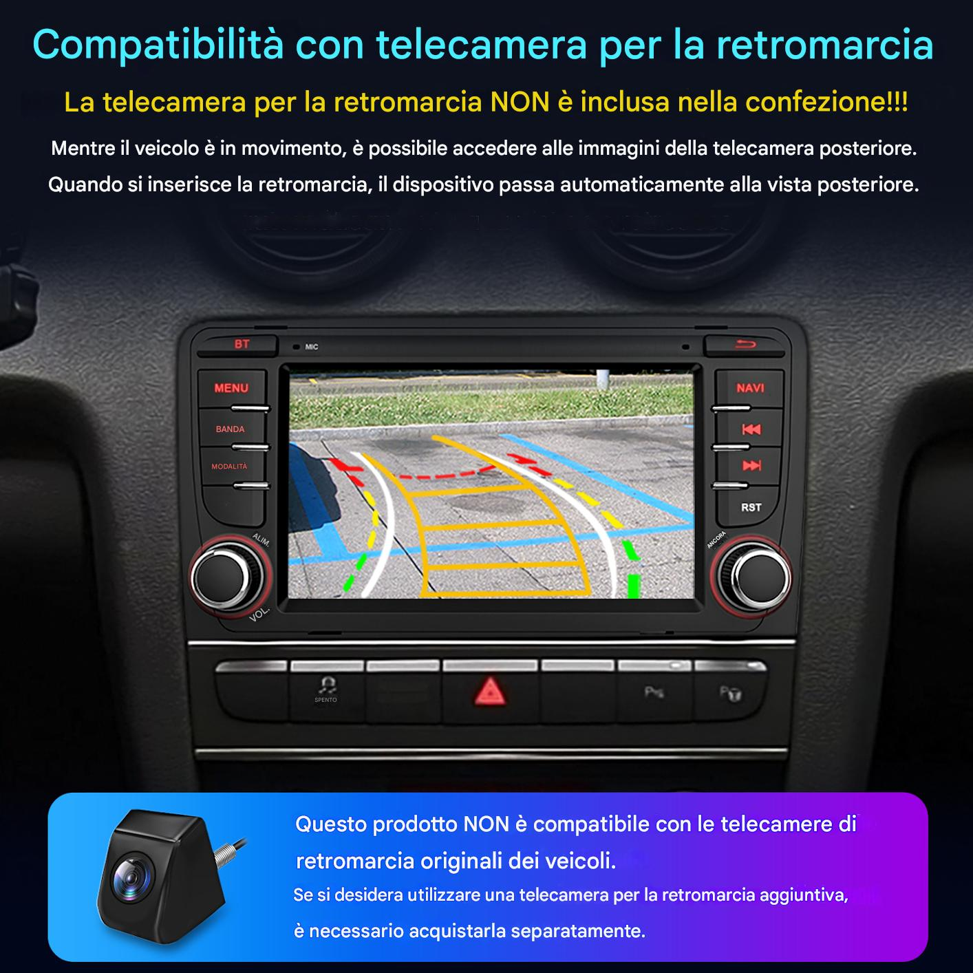 Cruscotto auto con display telecamera retromarcia. Testo italiano evidenzia compatibilità e funzioni della telecamera.