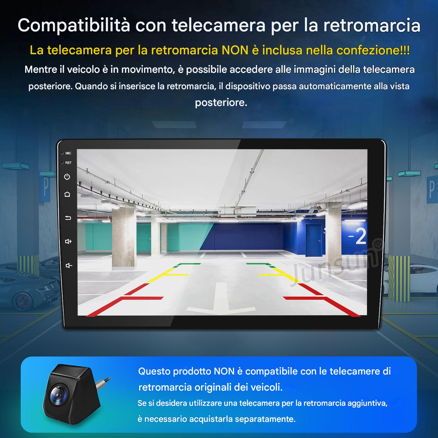 Telecamera retromarcia su schermo mostra parcheggio. Testo italiano spiega compatibilità telecamera.