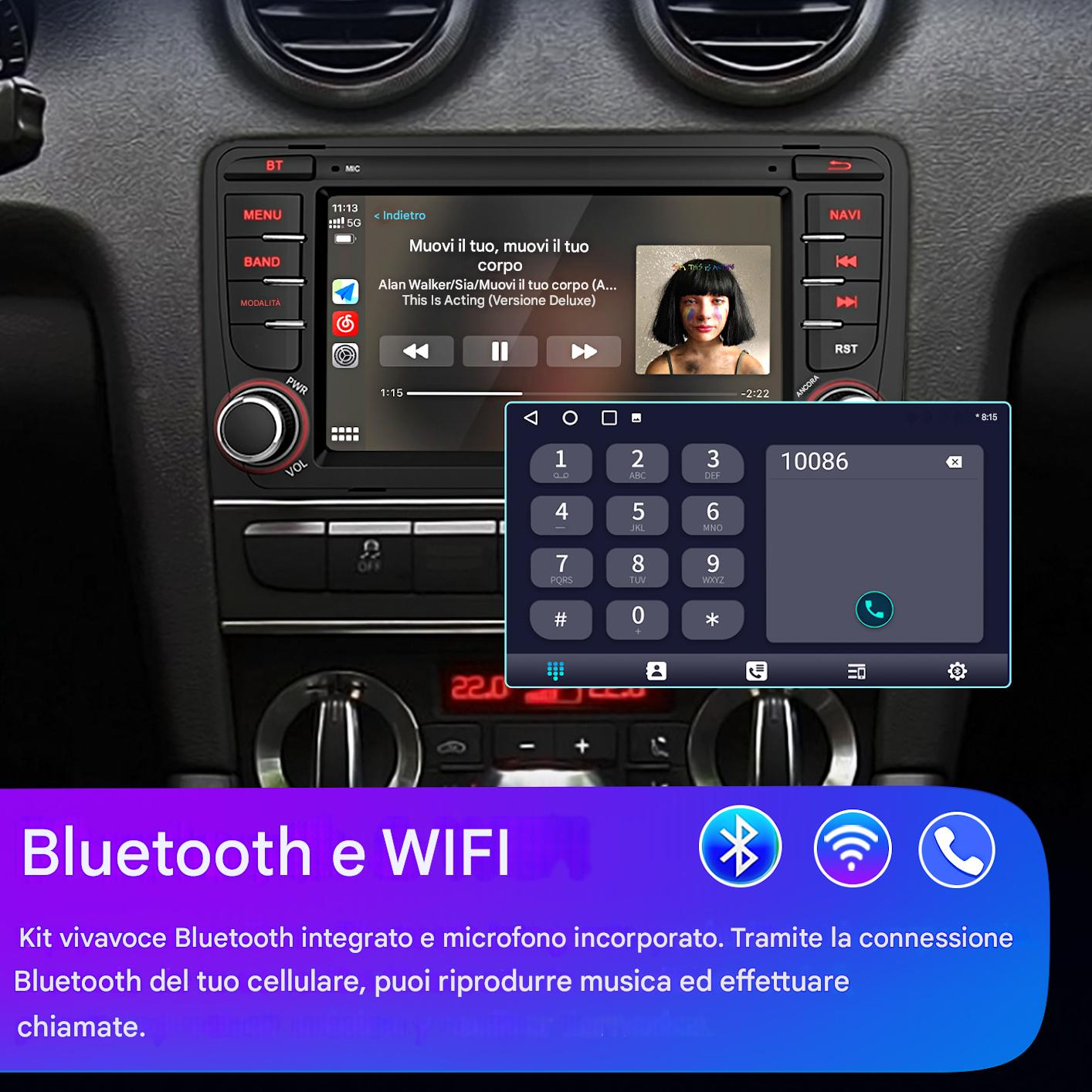 Schermo autoradio con lettore musicale e tastierino numerico. Sotto lo schermo c'è un annuncio Bluetooth e Wifi.