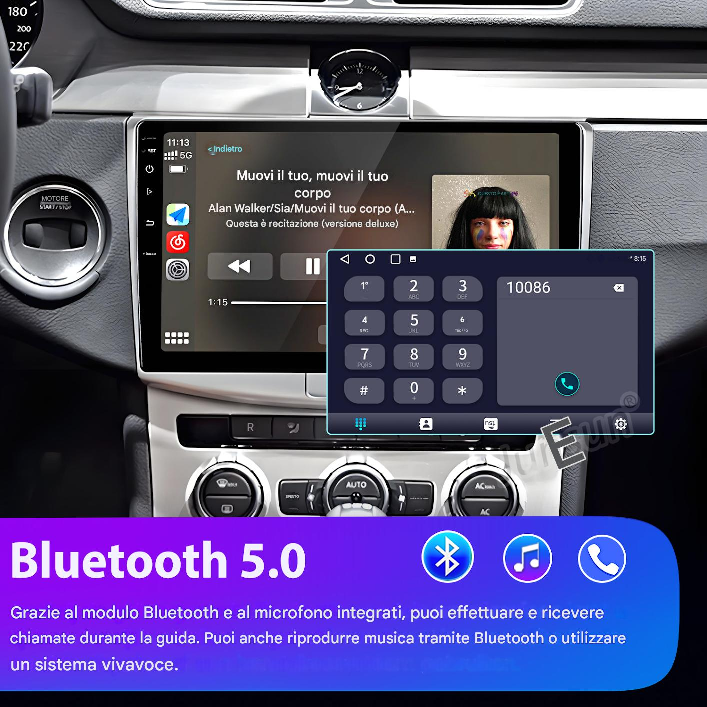 Cruscotto auto con lettore musicale e interfaccia di composizione. Logo Bluetooth 5.0 in basso.