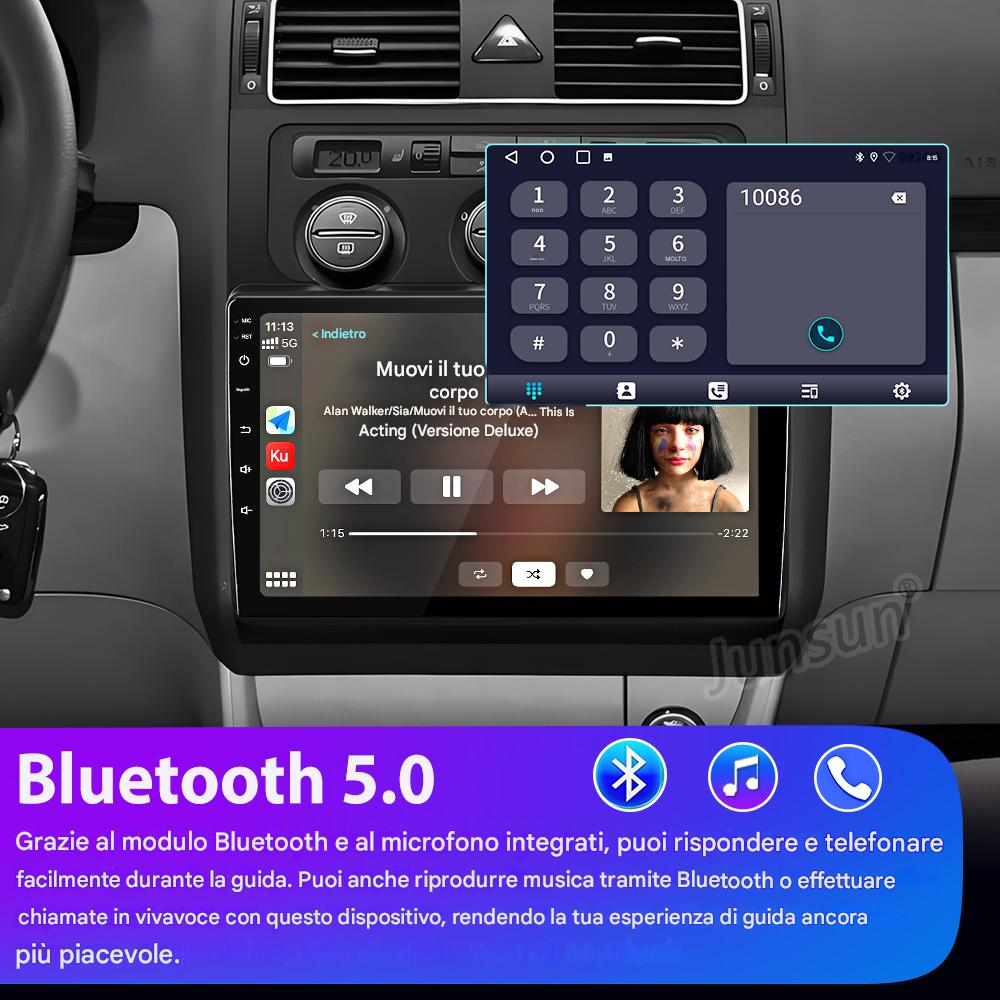 Armaturenbrett mit Musikplayer, Telefonwähler und Bluetooth. Der Bildschirm zeigt eine Frau und Musiksteuerungen.