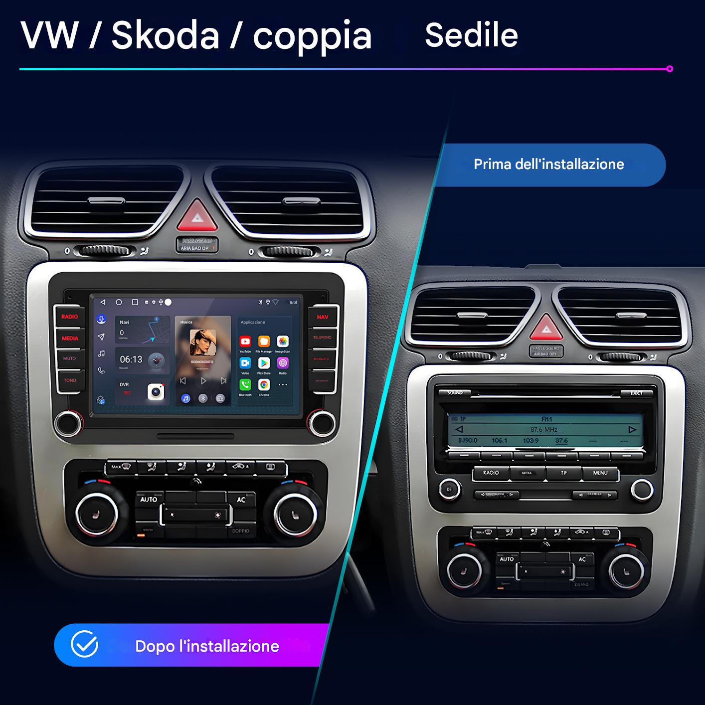 Confronto del cruscotto dell'auto: prima e dopo l'installazione. I display mostrano le interfacce radio, navigazione e app.