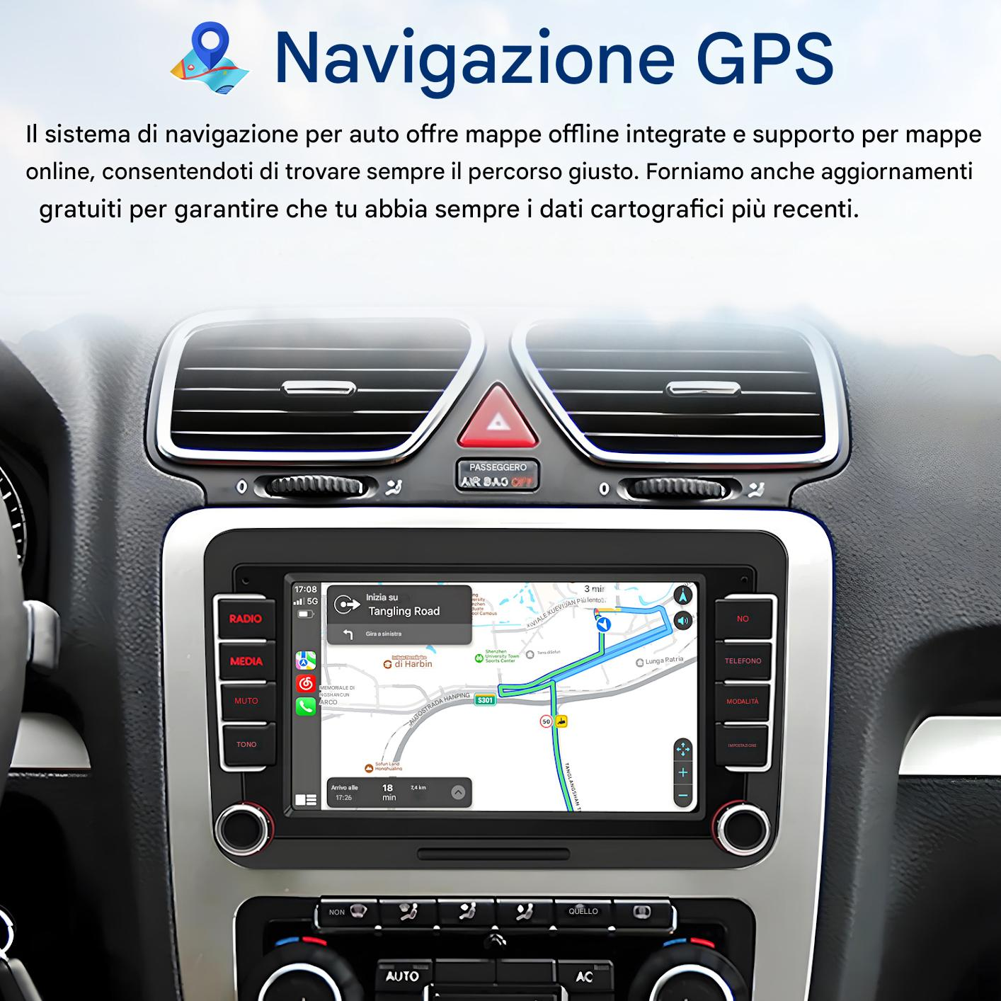 Cruscotto auto con navigatore GPS, mappa, pulsanti radio, media e funzioni.