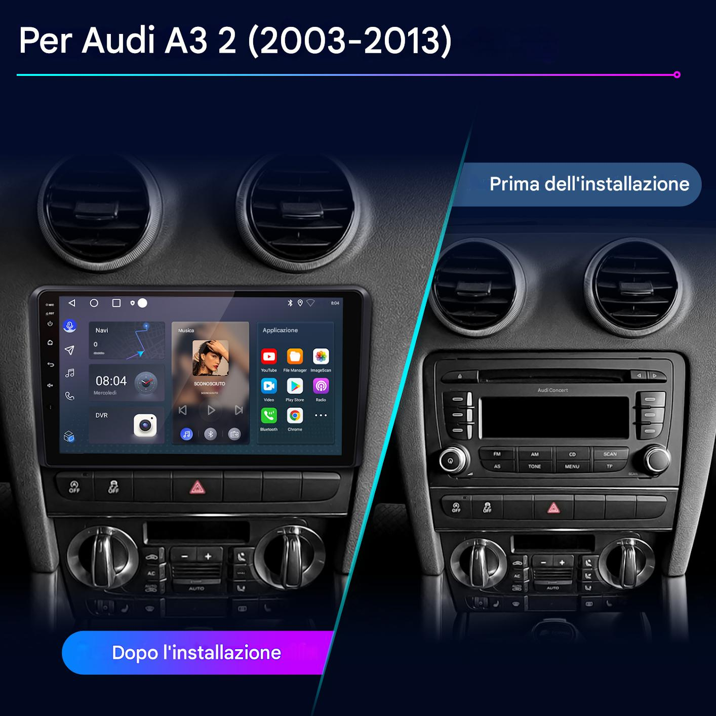 L'immagine mostra il cruscotto di un'Audi A3 prima e dopo l'installazione di un nuovo sistema multimediale. Il nuovo sistema ha un touchscreen.