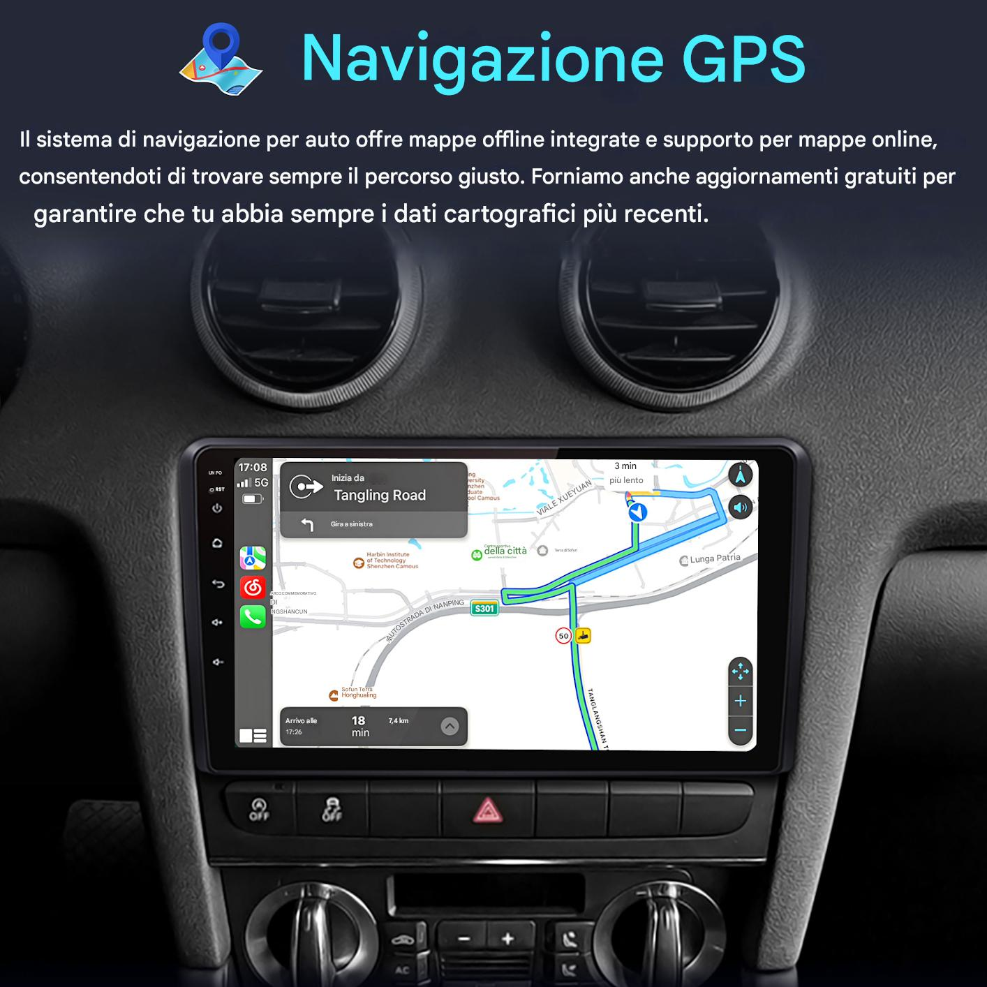 Cruscotto auto con schermo di navigazione GPS che mostra una mappa, Tangling Road e indicazioni stradali.