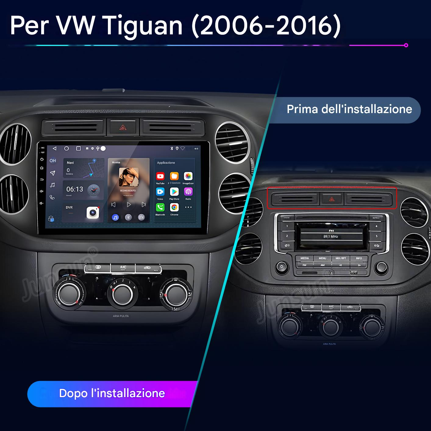 Confronto cruscotto auto: prima e dopo l'installazione di un nuovo sistema multimediale. Mostra schermo e comandi clima.