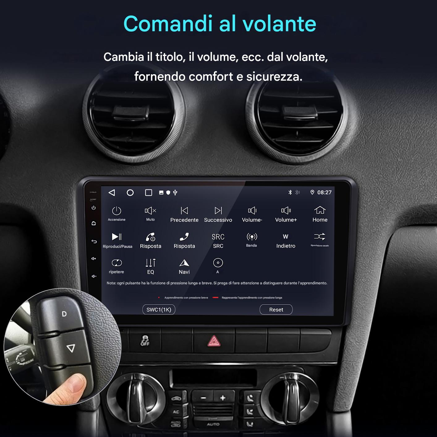Cruscotto auto con schermo che mostra comandi, pulsanti e una mano che preme un pulsante sul volante. Testo in italiano.