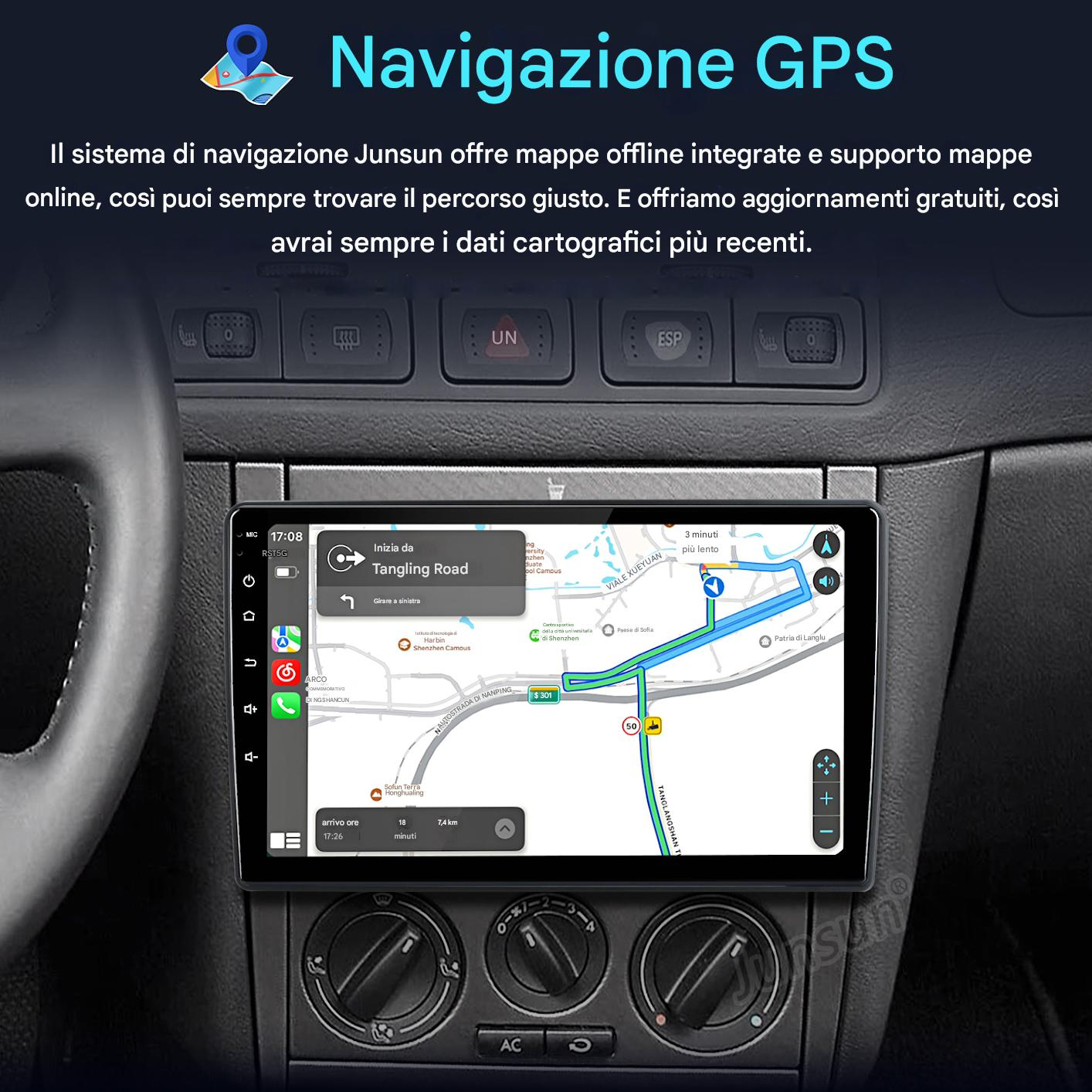 Schermo di navigazione GPS del cruscotto dell'auto, che mostra una mappa del percorso, comandi dell'auto e testo in italiano.