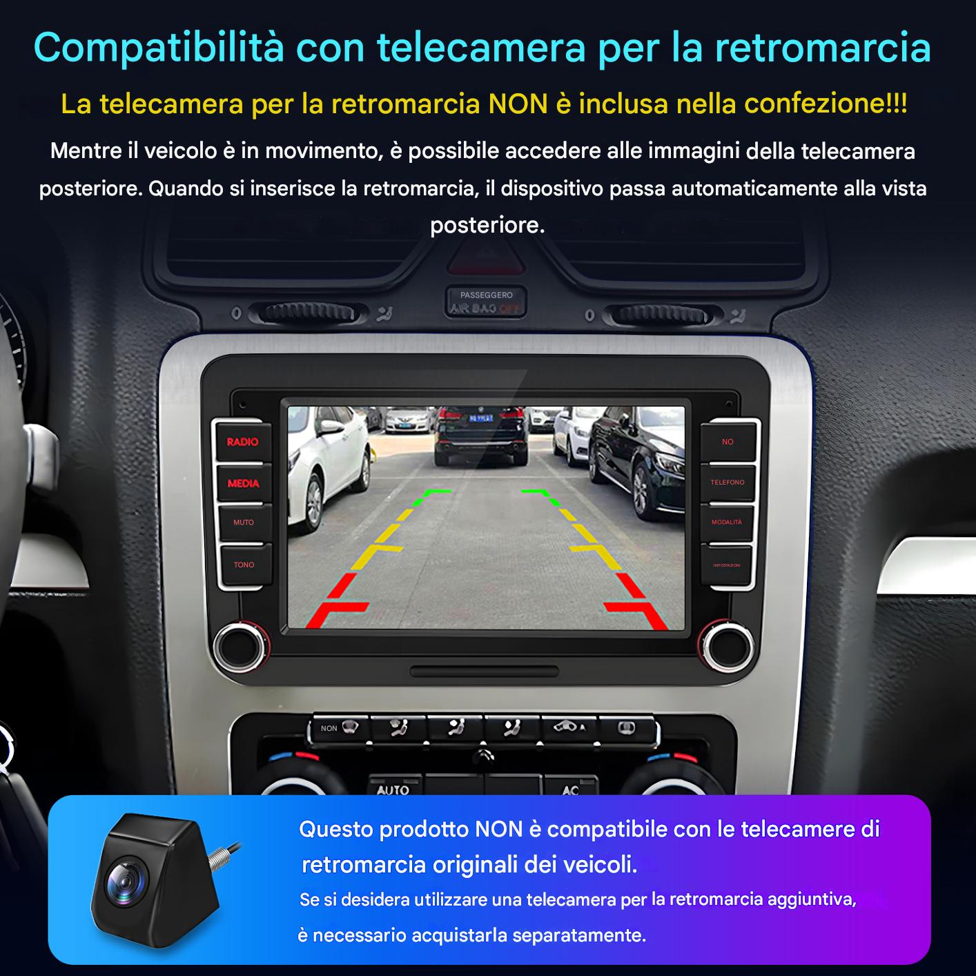 Cruscotto auto con display telecamera retromarcia. Include testo sulla compatibilità e telecamera separata.