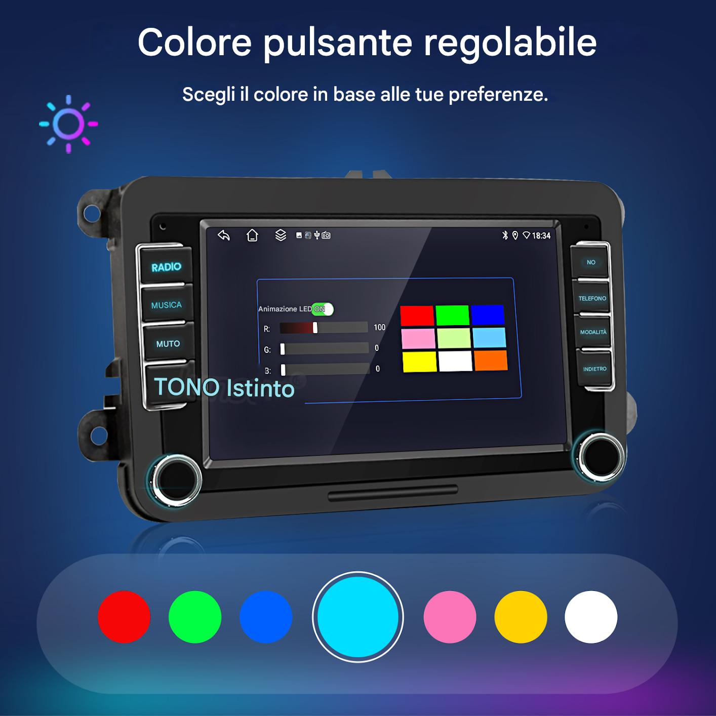 Schermo autoradio che mostra le opzioni di colore. Tasti per radio, musica, muto e telefono. Selezione colore in basso.