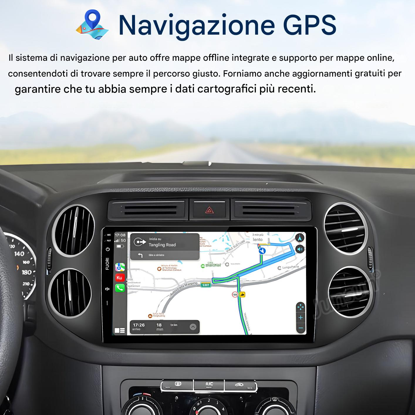 Cruscotto auto con schermo di navigazione GPS che mostra mappa e guida stradale. Lo schermo mostra indicazioni stradali e orario di arrivo stimato.