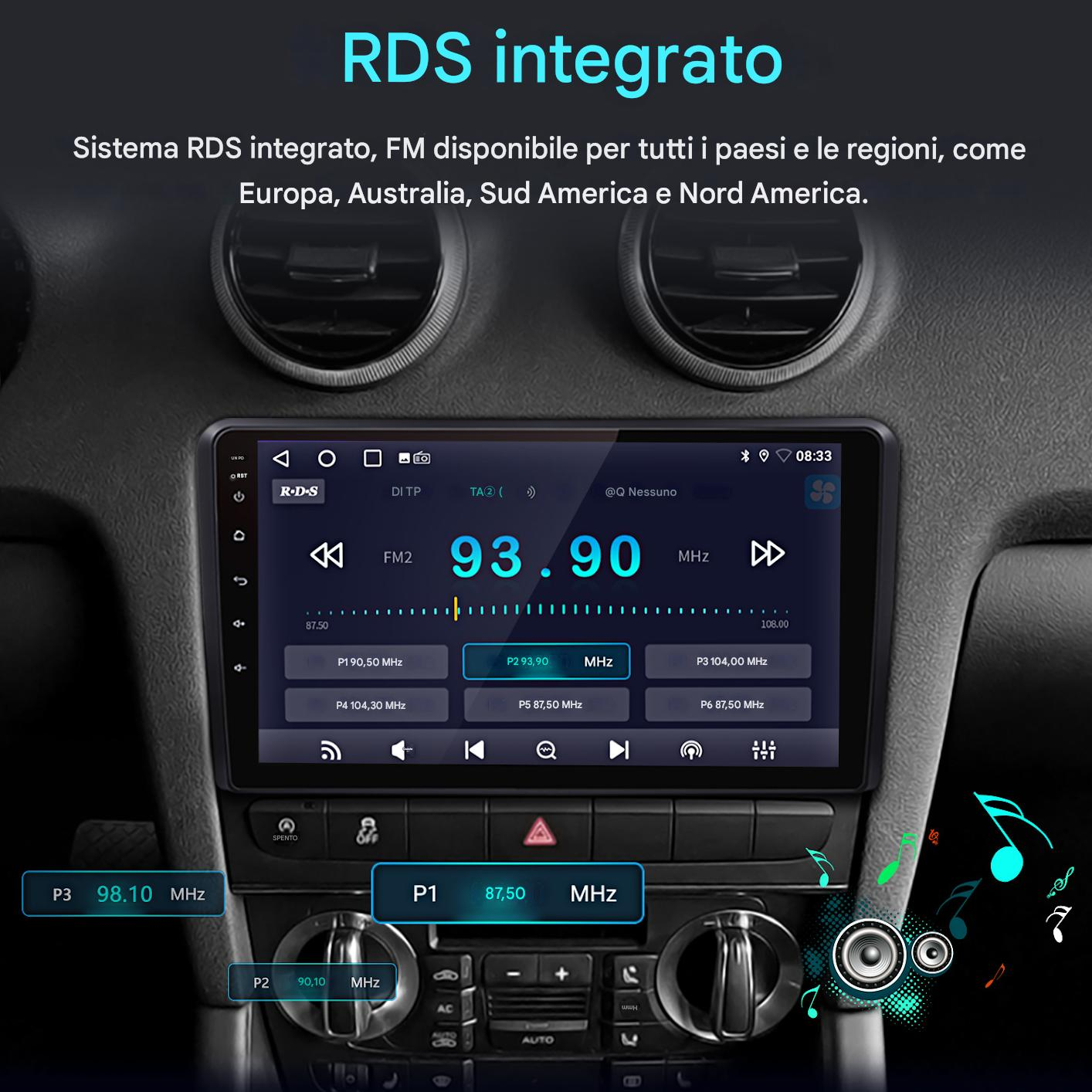 Autoradio con frequenza FM 93,90 MHz. Il testo dice 'RDS integrato'. Sono visibili pulsanti e un orologio.