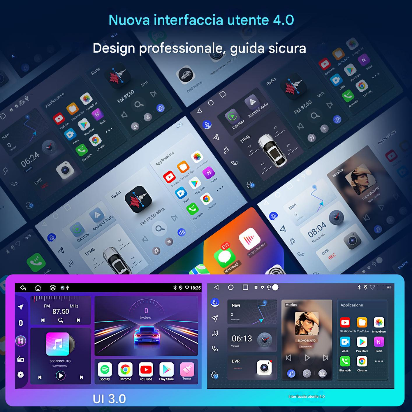 Interfaccia di un sistema multimediale per auto con più schermi. Visualizza icone di radio, navigazione e app. Lo schermo principale mostra la velocità.