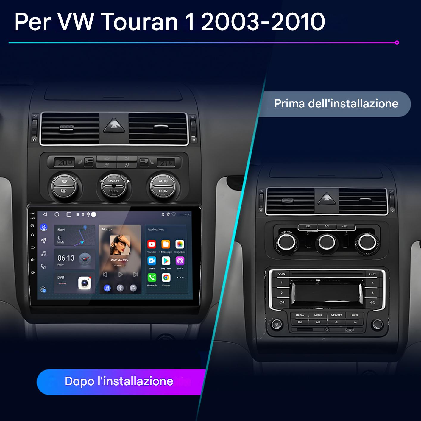 L'immagine mostra il cruscotto di un'auto prima e dopo l'installazione di un nuovo sistema multimediale.
