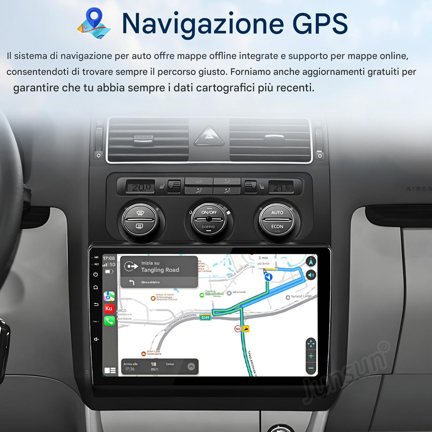 Cruscotto auto con GPS. Mappa e percorso visibili. Testo: Navigazione GPS.