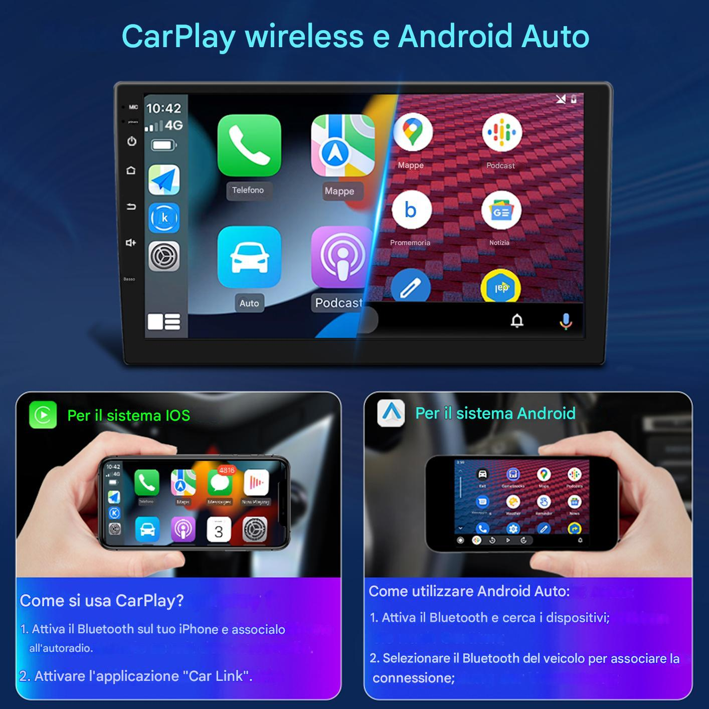 Uno schermo del sistema di infotainment per auto mostra le icone delle app e due schermi più piccoli mostrano le interfacce telefoniche per iOS e Android.