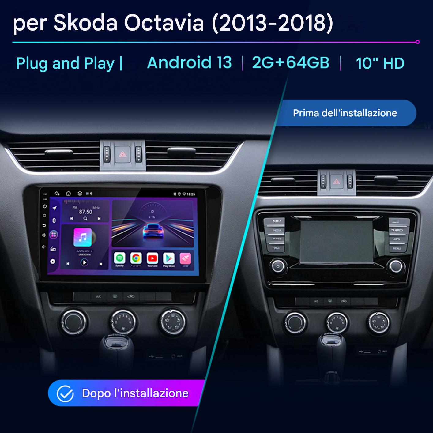 Cruscotto dell'auto che mostra un confronto prima e dopo l'installazione di un nuovo schermo Android 13. Lo schermo visualizza media e impostazioni.
