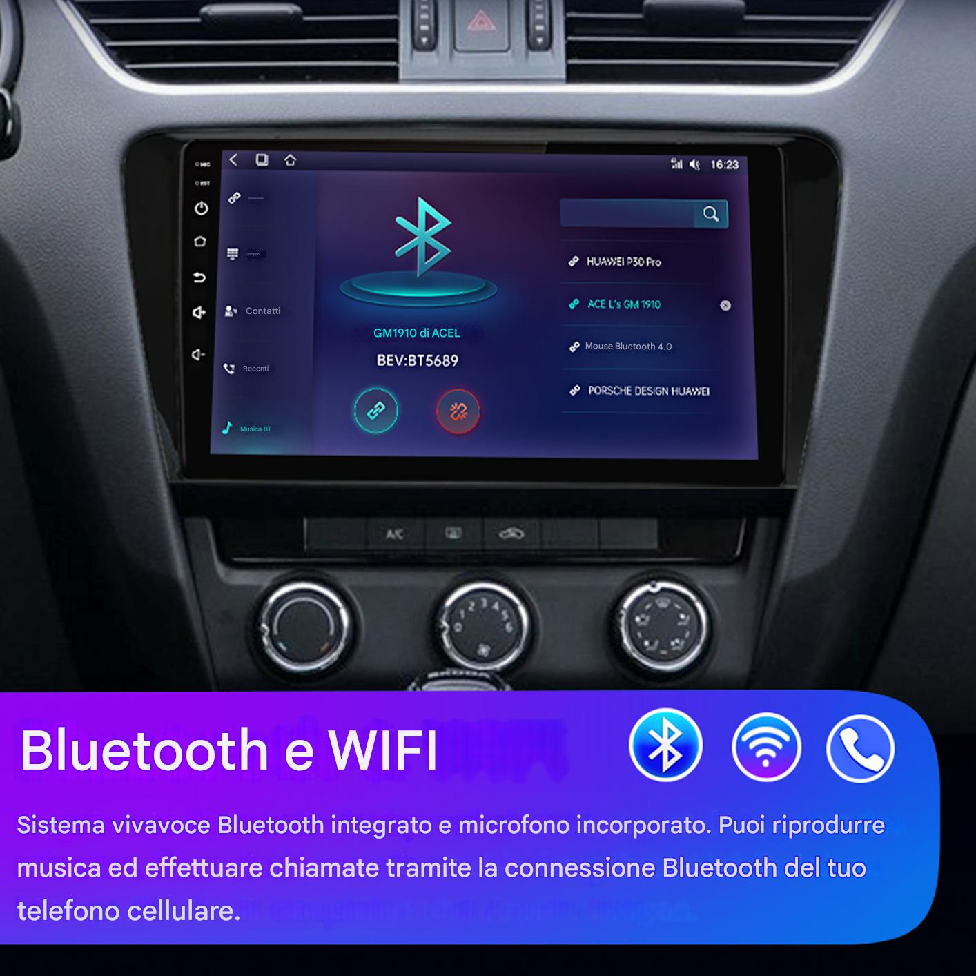 Schermo del cruscotto dell'auto che mostra le opzioni Bluetooth e Wi-Fi. Lo schermo mostra i dispositivi Bluetooth e un'interfaccia di connessione.