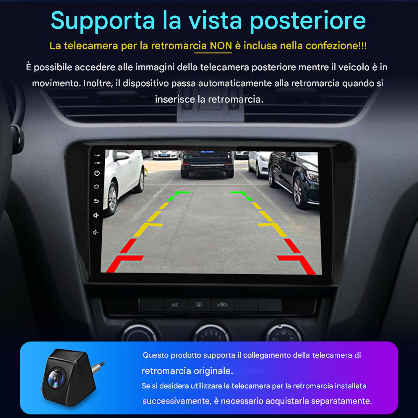 Cruscotto auto con vista telecamera posteriore. Linee rosse, gialle e verdi indicano la distanza. Auto visibili sullo sfondo.
