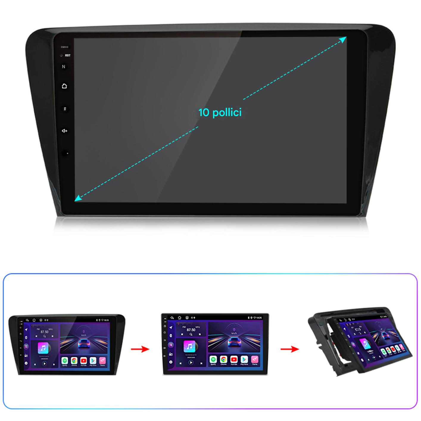 Viene mostrato un'autoradio con schermo da 10 pollici. Sotto sono riportate le fasi di montaggio dell'autoradio. Mostra il display stereo e la cornice.