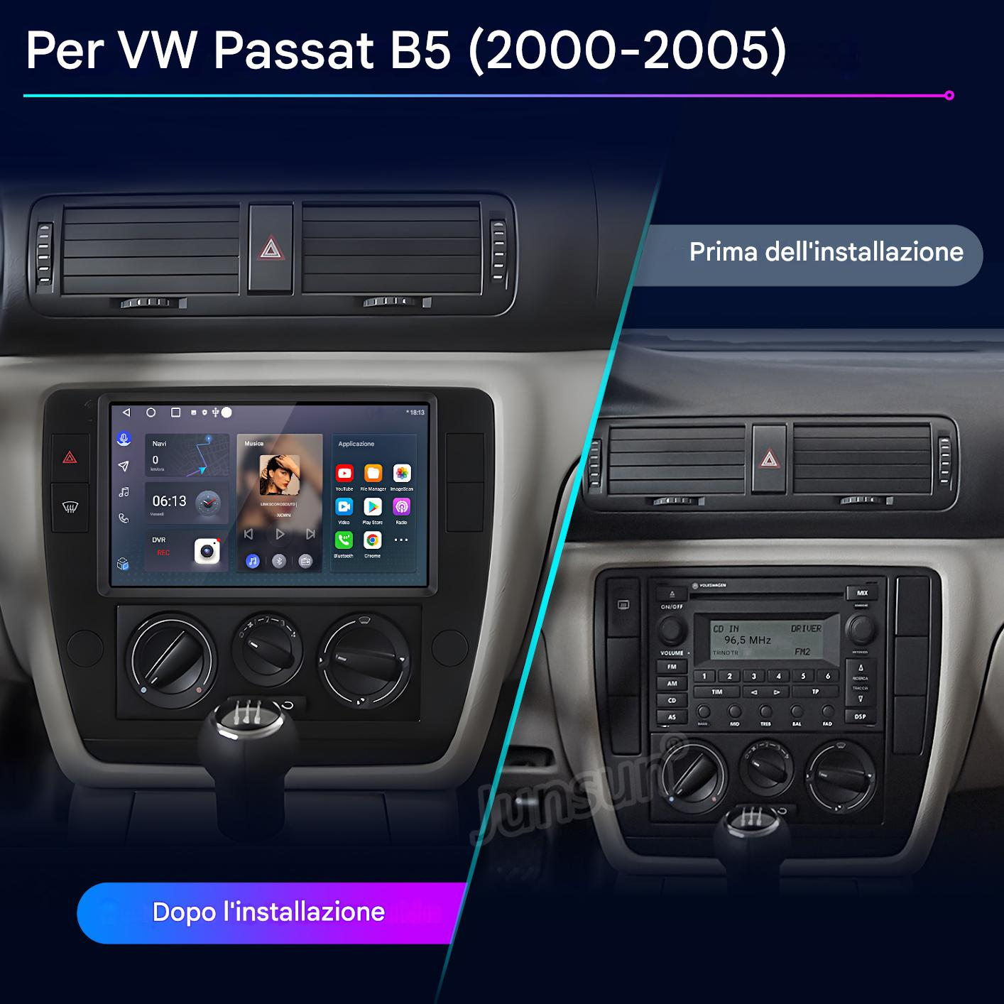 Interni auto con cruscotto. A sinistra, nuovo schermo, a destra, vecchia radio. Testo: Prima dell'installazione e Dopo l'installazione.