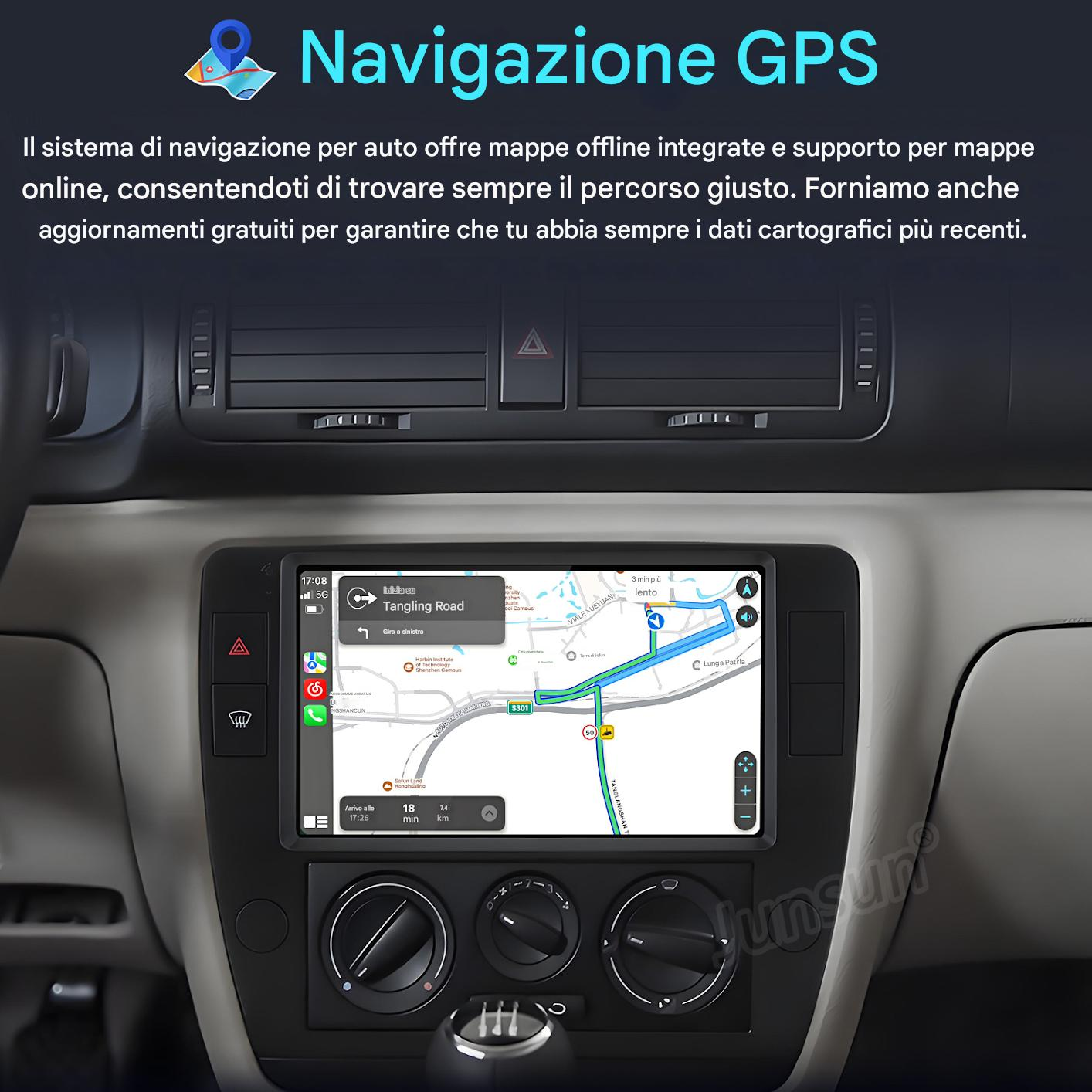 Cruscotto auto con schermo di navigazione GPS con mappa e percorso. Il testo sopra dice Navigazione GPS.
