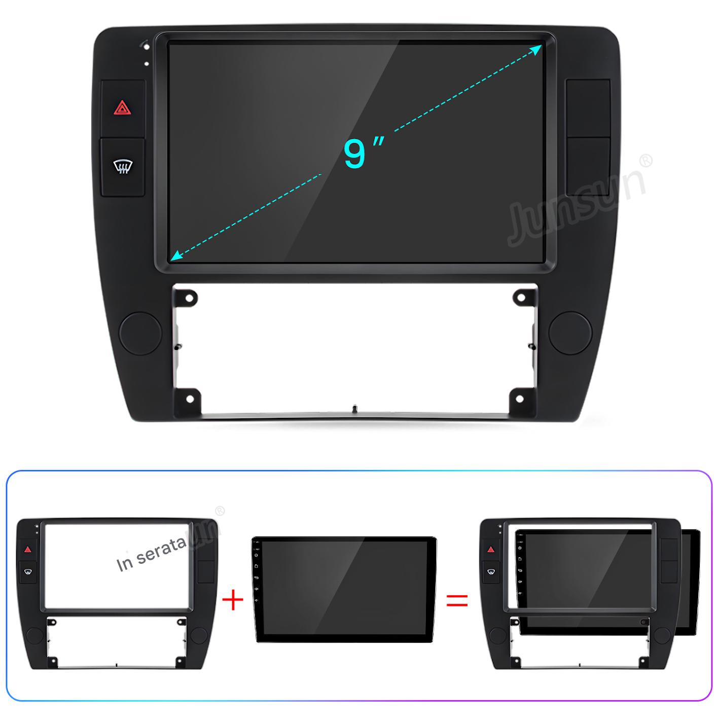 Autoradio con schermo da 9 pollici. Cornice nera con pulsanti e display centrale. Segni più e uguale mostrano l'assemblaggio.