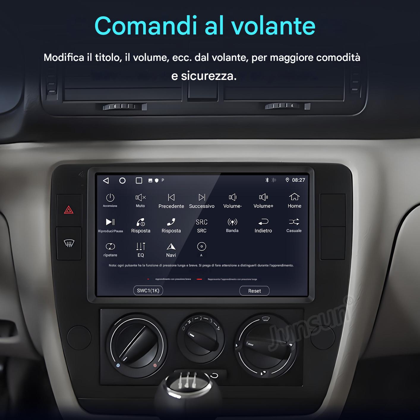 Cruscotto auto con display touchscreen che mostra le opzioni di controllo. Pulsanti per volume, navigazione e altre funzioni visibili.