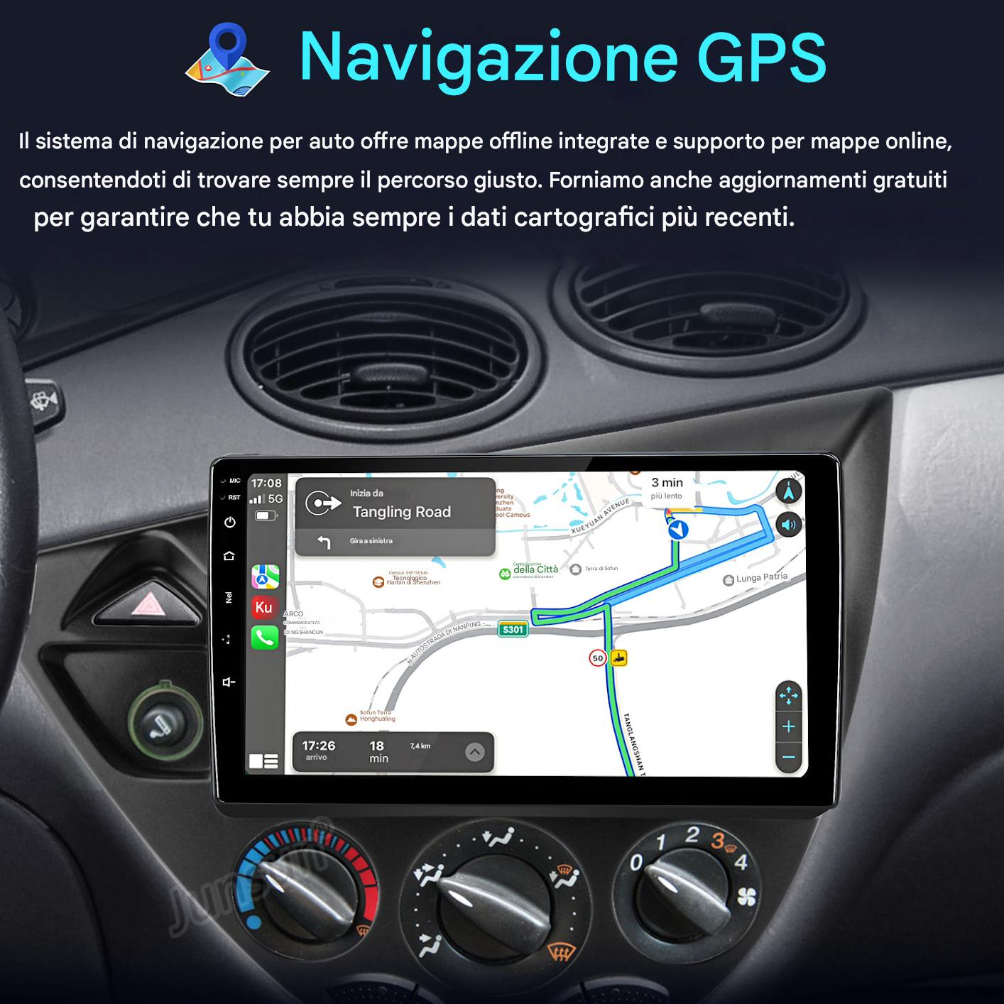 Cruscotto auto con navigazione GPS. Lo schermo mostra una mappa con guida del percorso e controlli.