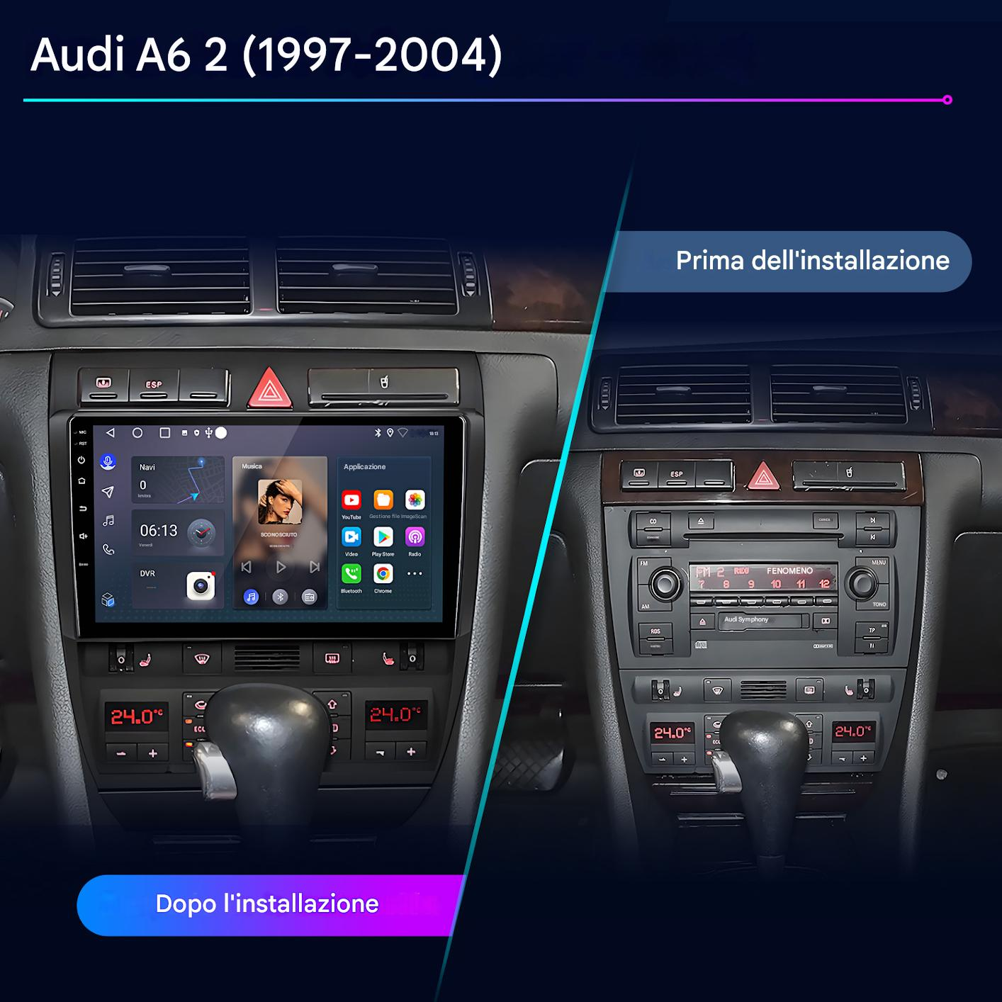 Cruscotto dell'auto che mostra prima e dopo l'installazione di un nuovo sistema multimediale. Include la vecchia radio e il nuovo schermo.