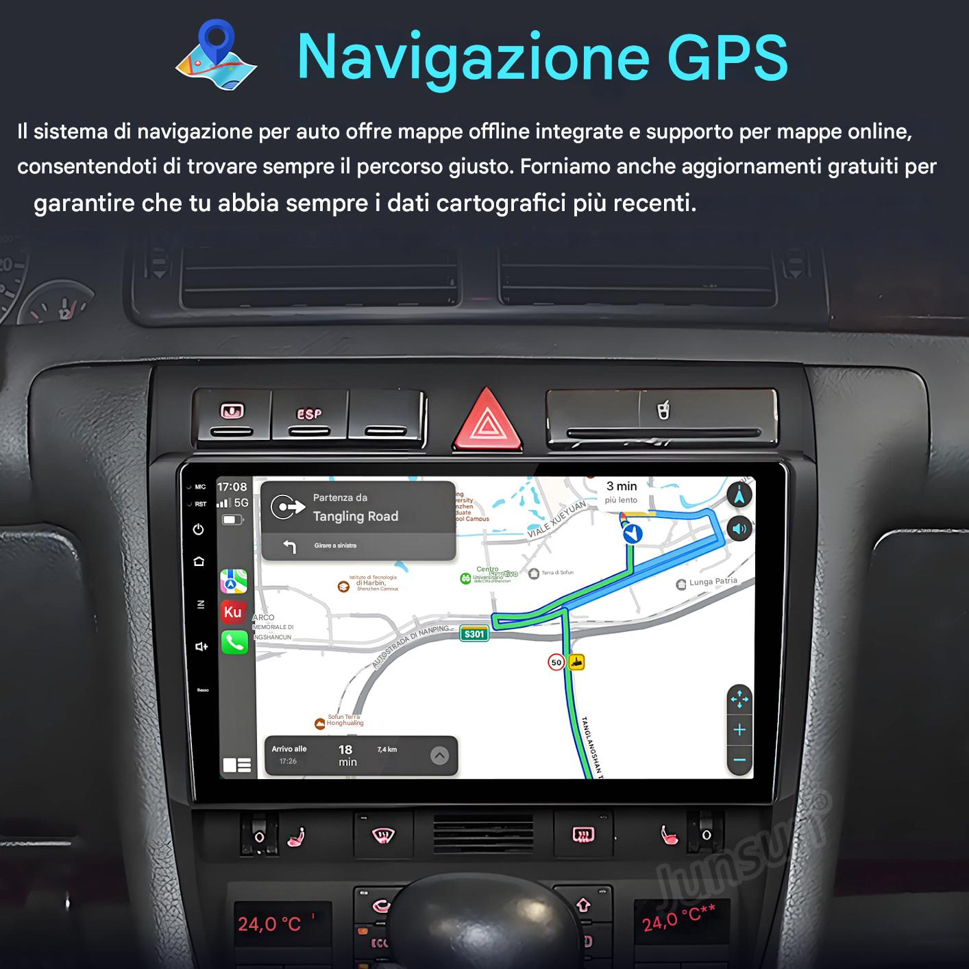 Cruscotto dell'auto con schermo di navigazione GPS che mostra una mappa del percorso. Lo schermo mostra strade, destinazione e altri dati di guida.