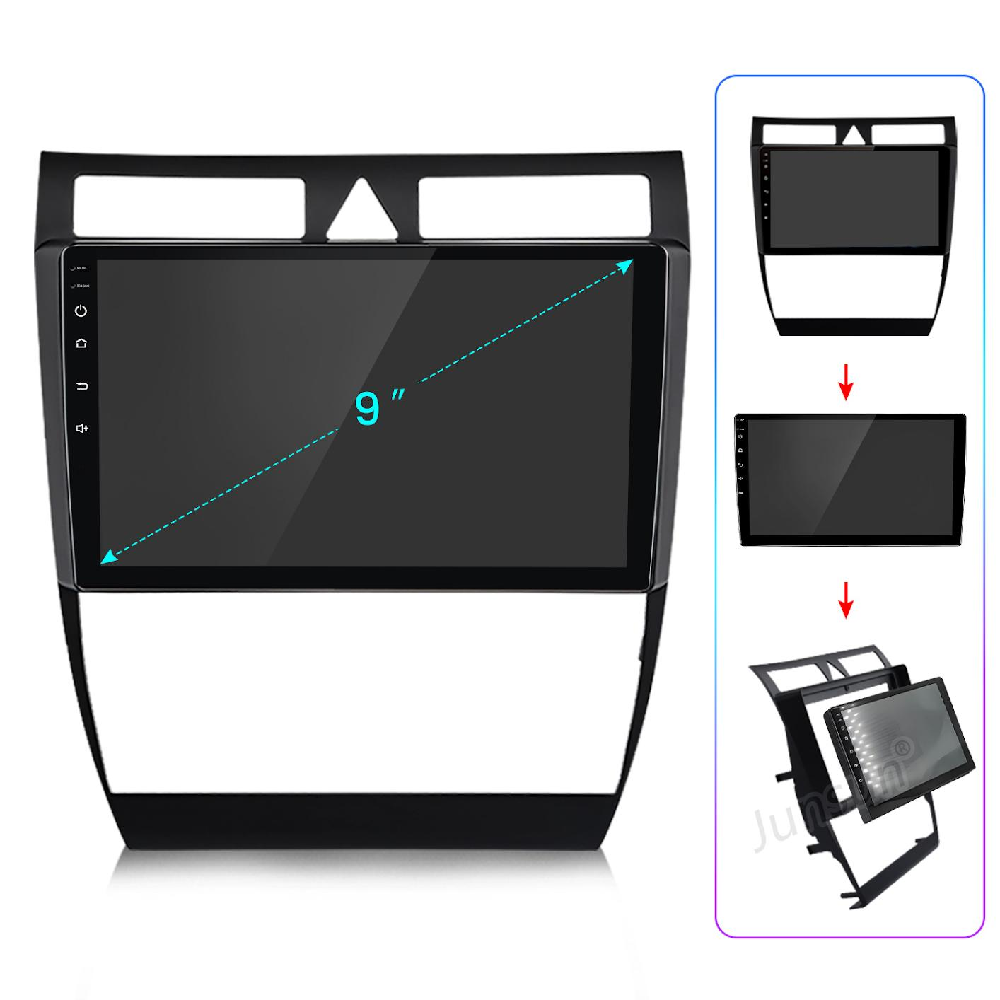 Autoradio con schermo da 9 pollici. Cornice nera con fondo bianco. Diagrammi aggiuntivi mostrano i passaggi di installazione.