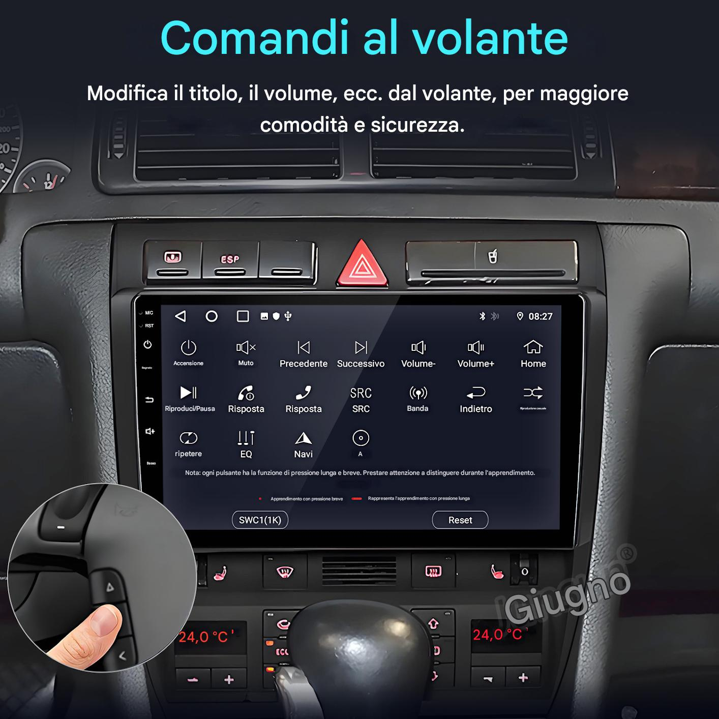 Cruscotto auto con schermo, comandi, temperatura e mano che preme un pulsante. Testo in italiano.