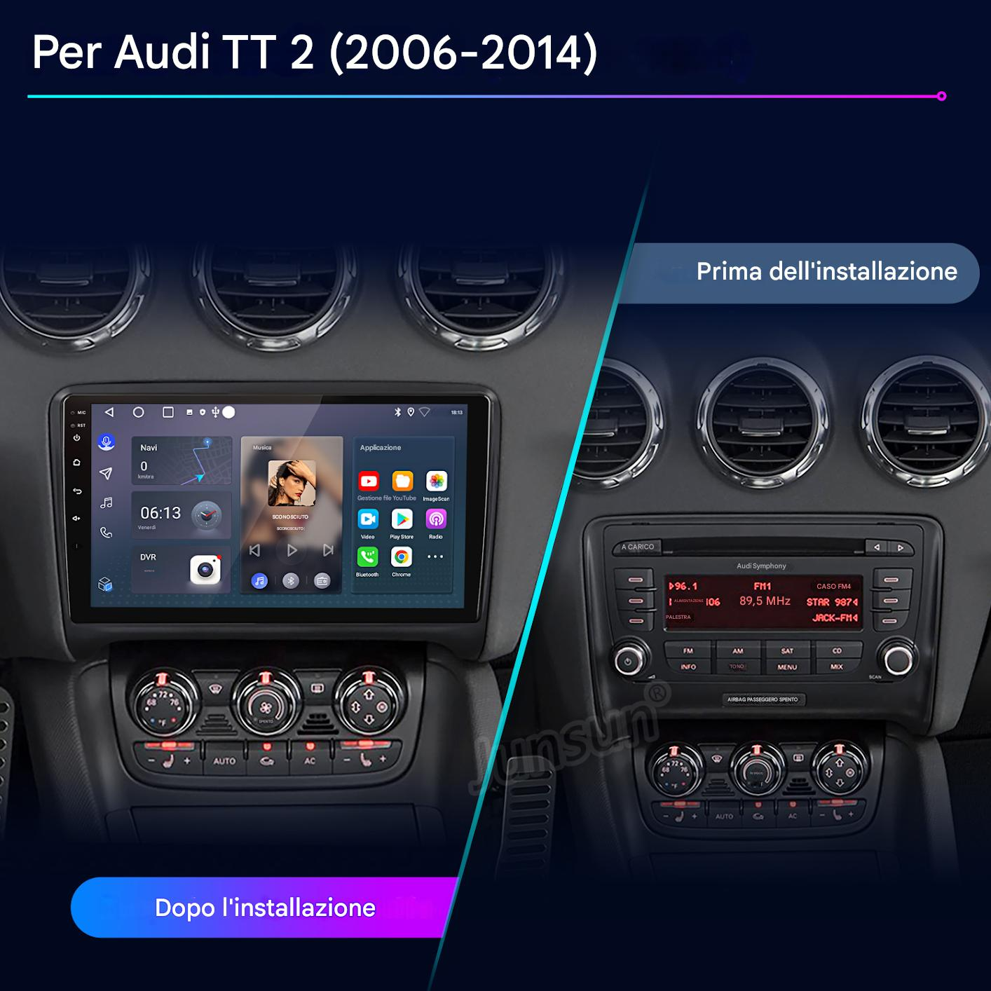 Interni auto prima e dopo la sostituzione della radio. Il nuovo sistema mostra uno schermo con app, quello vecchio ha pulsanti.