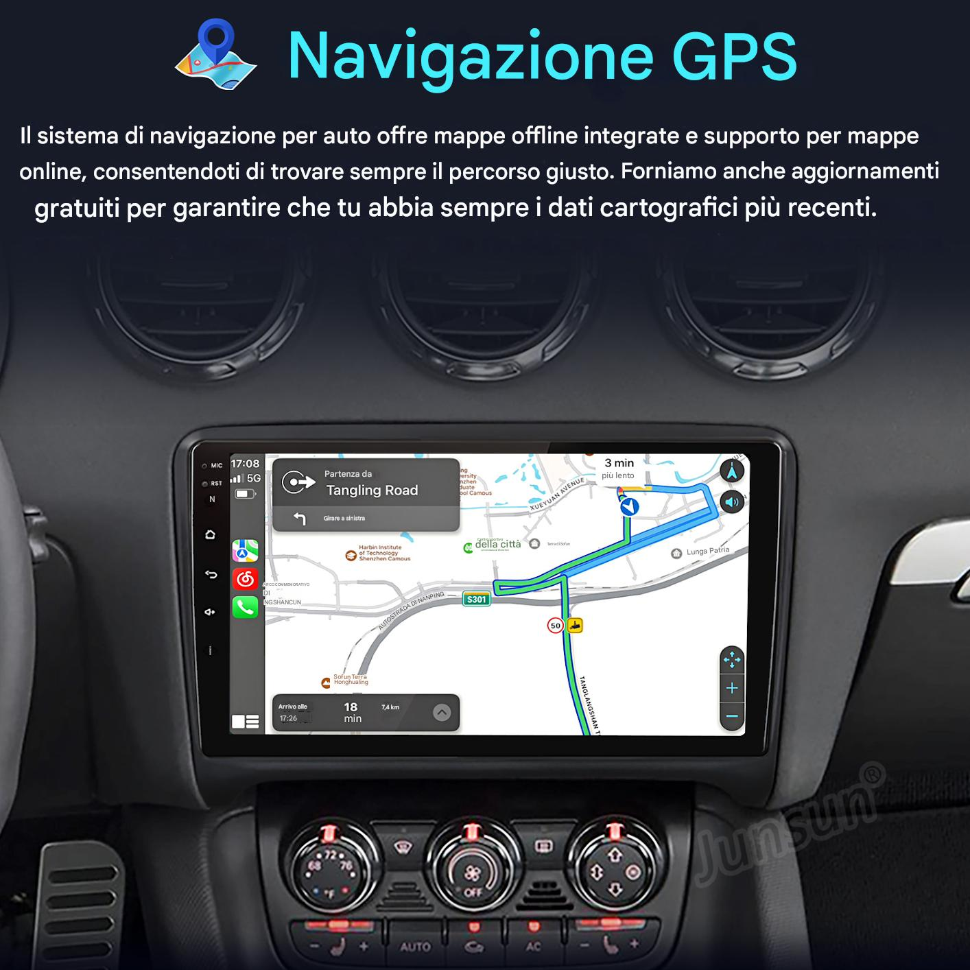 Cruscotto dell'auto con sistema di navigazione GPS e mappa del percorso. L'interno dell'auto è visibile.