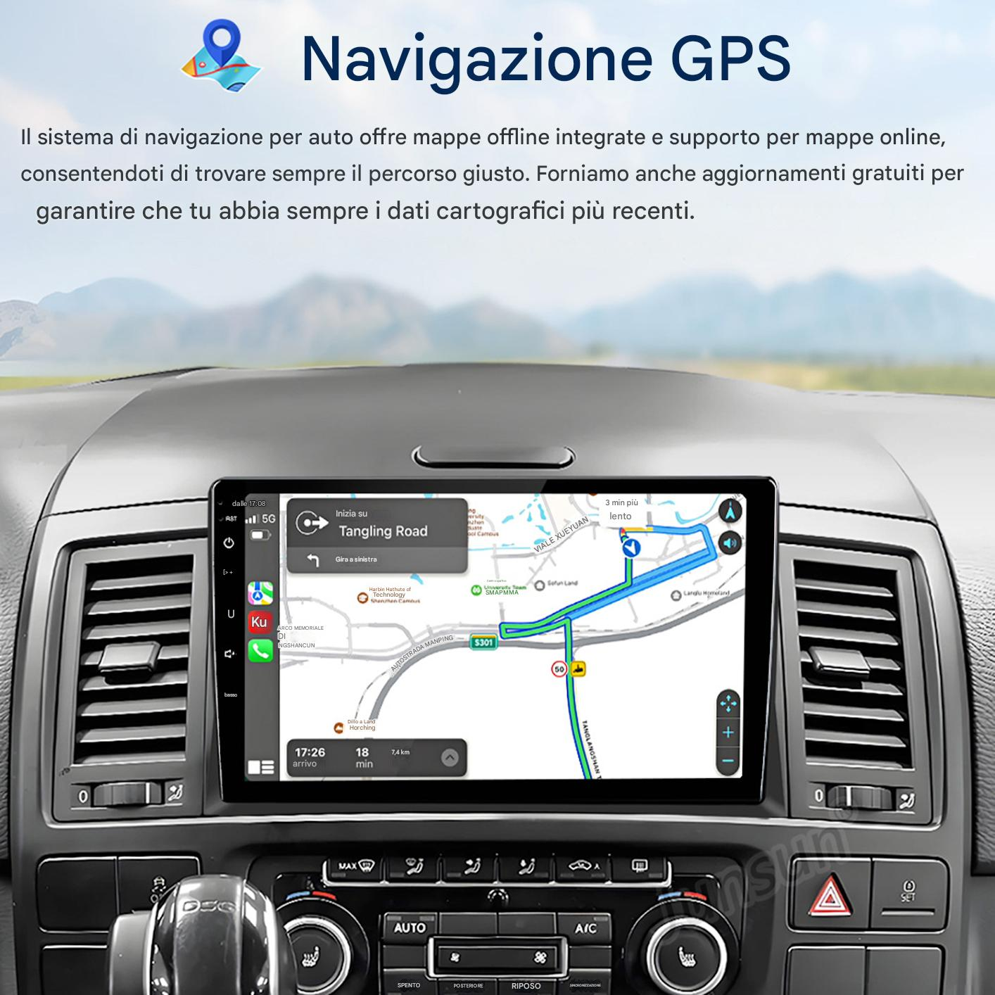 Cruscotto auto con schermo di navigazione GPS che mostra una mappa del percorso. Tasti e comandi visibili.
