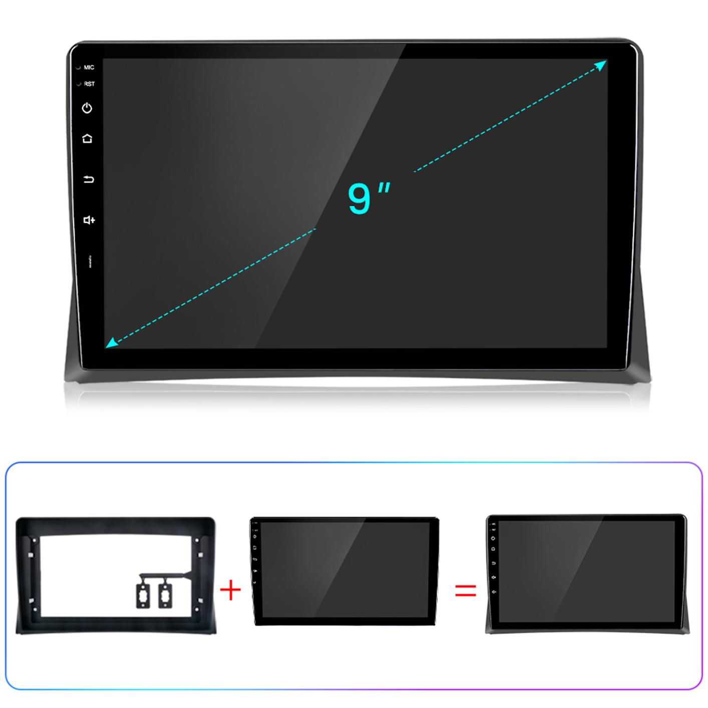 Uno schermo stereo per auto da 9 pollici con cornice nera. Componenti aggiuntivi: una cornice, uno schermo e uno schermo assemblato.