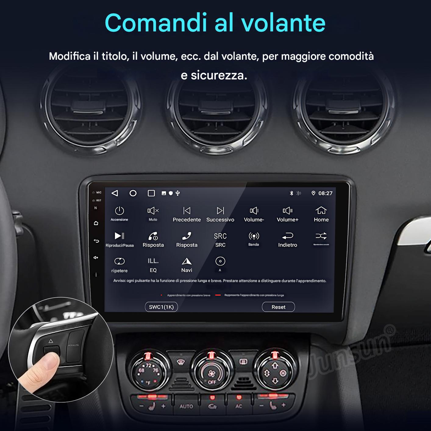 Autoradio con touchscreen che mostra varie funzioni. Una mano preme un pulsante sul volante. I pulsanti includono volume, home, ecc.