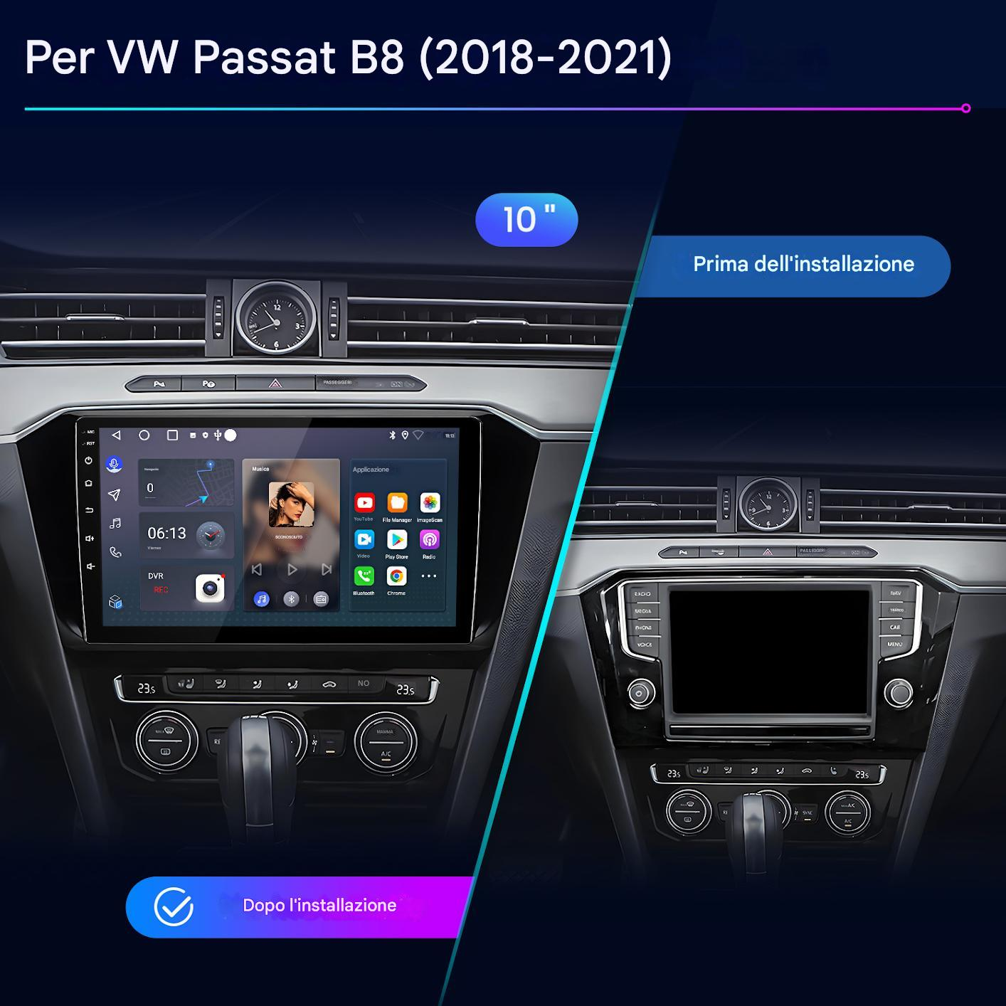 L'immagine mostra il cruscotto di un'auto prima e dopo l'installazione di un nuovo sistema di infotainment. Il lato sinistro mostra il nuovo schermo.